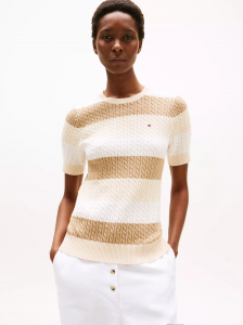 Short-Sleeve Stripe Cable Knit Sweater
