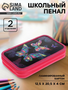 Пенал школьный, 2 секции, 12.5?20.5?4 см «Бабочки»