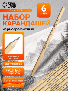 Карандаши чернографитные «Красин. Конструктор», 6 штук, разная твёрдость, шестигранные, деревянные
