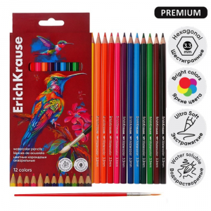 Карандаши цветные акварельные 12 цветов ErichKrause Safari, шестигранные, с кисточкой, европодвес