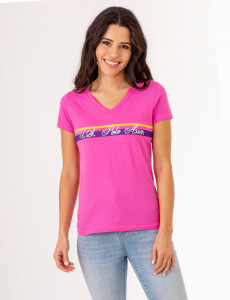 V-NECK STRIPE FOIL GRAPHIC T-SHIRT