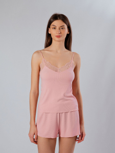 Пижама женская Indefini розовая в рубчик с кружевом