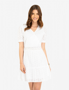 SHORT SLEEVE EYELET RUFFLE DRESS
