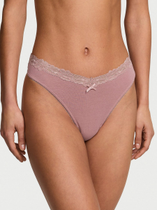 Body by Victoria Stretch Cotton Lace-Waist High-Leg Scoop Thong Panty