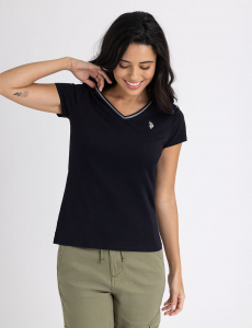METALLIC TRIM V-NECK T-SHIRT