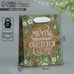 Пакет подарочный новогодний крафтовый «Пусть мечты сбудутся», S 12?15?5.5 см