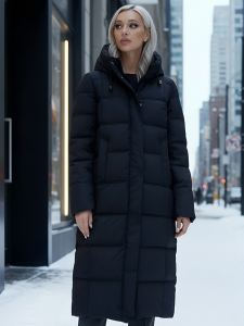 Пальто утепленное стеганное зимнее с капюшоном женское черного цвета 9627Ch