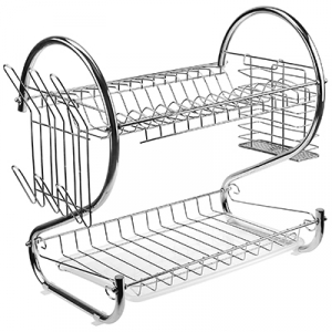 Сушилка для посуды 38х24см h38,5см 2-х ярусная, настольная, с поддоном, с навесными подставками для кухонных принадлежностей, хромированная, цветная коробка (Китай)