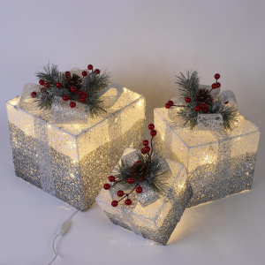 Новогодняя декорация подарочные коробки с подсветкой градиент 25*25/20*20*/15*15 см 3 шт. серебряные