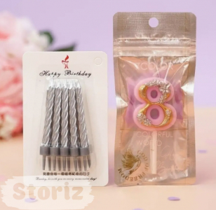 Комплект свечей цифра -8-(Patterned Pink) + 1 упаковка серебристые 10 шт.