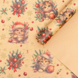 Бумага упаковочная новогодняя «Котик», бурый крафт, 80 г/м?, 50?70 см