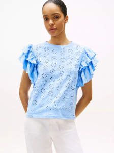 Embroidered Eyelet Ruffle-Sleeve Top