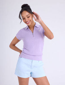 HALF ZIP PUFF SLEEVE HEATHER POLO SHIRT