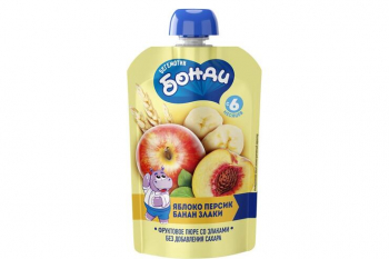 «Бегемотик Бонди», пюре фруктовое «Яблоко, персик, банан, злаки», 90 г