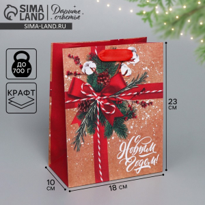 Пакет подарочный новогодний крафтовый «К тебе с подарком», MS 18?23?10 см