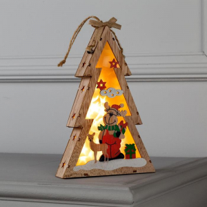 Светодиодная фигура «Ёлка с оленем» 14?22.5?4 см, дерево, батарейки АААх2 (не в комплекте), свечение тёплое белое
