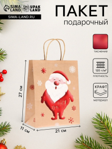 Пакет бумажный подарочный новогодний крафт с тиснением «Дед Мороз», 27?21?11 см