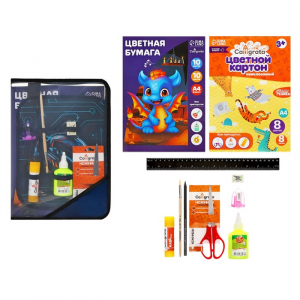 Папка для труда А4, молния вокруг, откидная планка, пластиковая, ПТР-1, с наполнением 10 предметов, для мальчика, Calligrata 