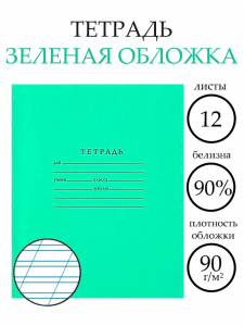Тетрадь 12 листов в косую линейку «Зелёная обложка», плотность 65 г/м?