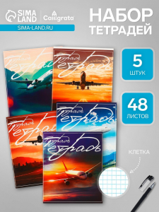 Тетради 48 листов в клетку, Calligrata «Самолеты», серые листы, 5 штук