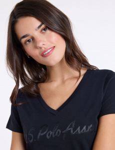 SHINY SATEEN PRINT V-NECK T-SHIRT