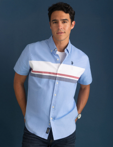 SHORT SLEEVE COLOR BLOCK CHEST STRIPE SHIRT