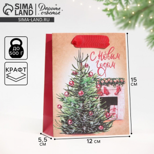 Пакет подарочный новогодний крафтовый «Вечер у камина», S 12?15?5.5 см