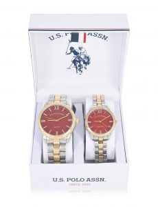 HIS AND HERS TWO TONE LINK WITH RED DIAL WATCH SET