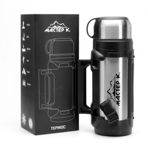 Термос Мастер К «Тропа», 2 л, 34?11 см, с двумя кружками, сохраняет тепло 24 ч, нержавеющая сталь, серебристый