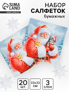 Салфетки новогодние бумажные «Дед Мороз и котята», 3 слоя, 33?33 см, 20 шт.