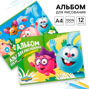 Альбом для рисования А4, 12 листов на скрепке, «Смешарики», 2 шт., МИКС