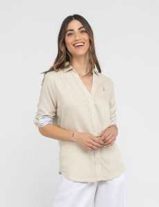 WATER FLORAL LINEN ROLL SLEEVE SHIRT