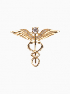 Брошь «Кадуцей», цвет белый в золоте