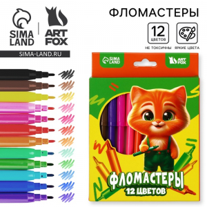 Фломастеры 12 цветов, вентилируемый колпачок, «Кот»
