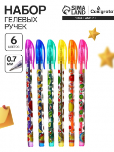 Набор гелевых ручек, 6 цветов, металлик, корпус с рисунком, в блистере на кнопке