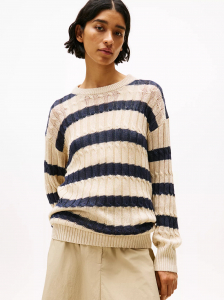 Linen-Blend Stripe Cable Knit Sweater
