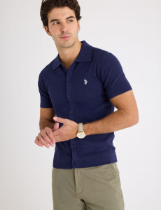 BUTTON FRONT SEED STITCH COTTON SLUB POLO SHIRT
