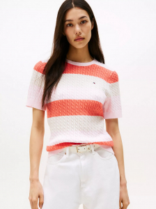 Short-Sleeve Stripe Cable Knit Sweater