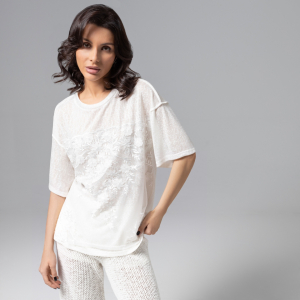 Футболка комбинированная с вышивкой, Буду тебе сниться (айвори)