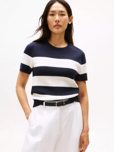 Short-Sleeve Textured Stripe Sweater