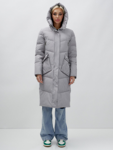 Пальто утепленное стеганное зимнее с капюшоном женское серого цвета 9639Sr