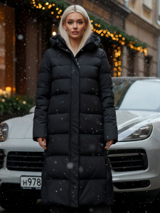 Пальто утепленное стеганное зимнее с капюшоном женское черного цвета 9620Ch