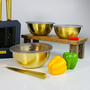 910-017 Набор из 3 мисок/салатников 16/19/21см с крышками в под.уп. (х24) Нержавеющая сталь