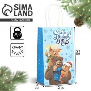 Пакет подарочный новогодний крафтовый «Счастья в Новом году», 12?9?21 см