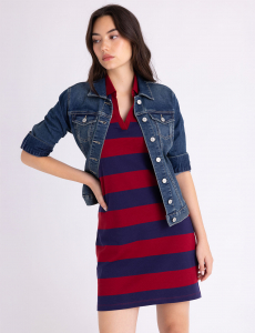 Y-PLACKET RUGBY STRIPE SLIM FIT POLO DRESS