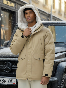 Парка мужская зимняя удлиненная с мехом горчичного цвета 8755G