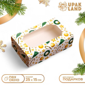 Коробка новогодняя складная с окном «Звезды и трости», 25?15?7 см