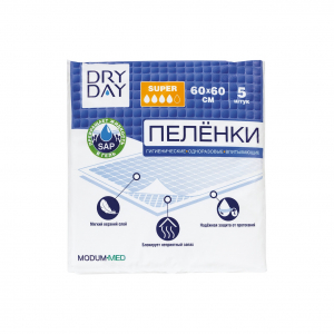 Пелёнки гигиенические одноразовые впитывающие DRY DAY Super 60х60 5 шт Модум