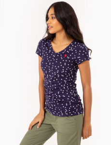 STAR PRINT RUCHED SIDE V-NECK T-SHIRT