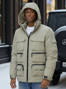 Куртка спортивная мужская зимняя с капюшоном бежевого цвета 3222B